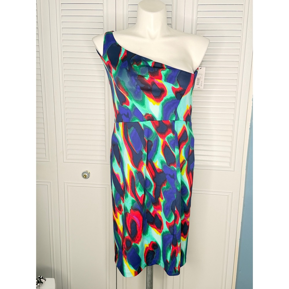 Bold Elements One Shoulder Dress Womens Large Multi Color NWT Abstract Sheath